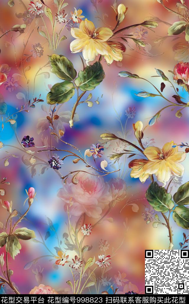 彩底花卉小碎花玫瑰花数码印花华亿平台下载（图片编号: 998823） - 瓦栏（Walan）