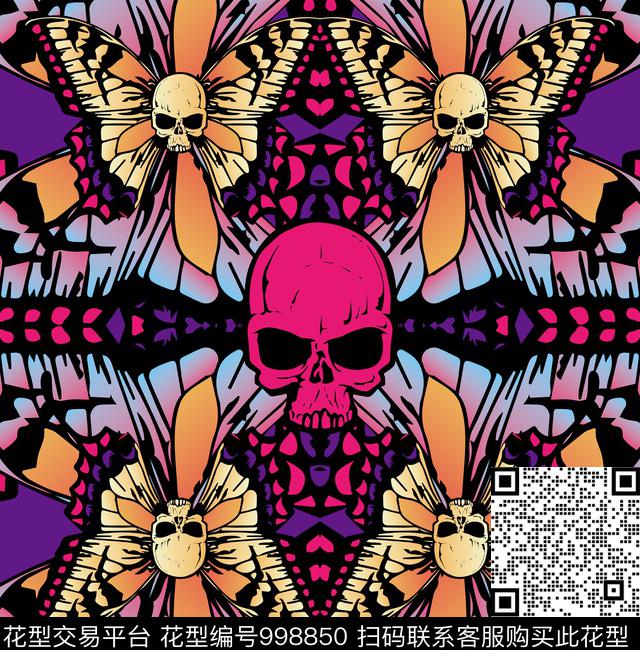 趣味骷髅蝴蝶数码印花华亿平台下载（图片编号: 998850） - 瓦栏（Walan）