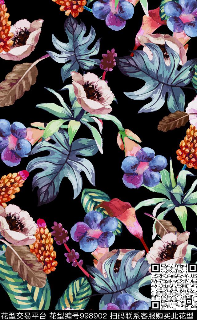 热带华亿平台绿植树叶手绘花卉数码印花华亿平台下载（图片编号: 998902） - 瓦栏（Walan）