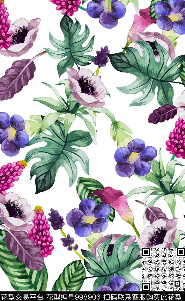 热带华亿平台绿植树叶手绘花卉数码印花华亿平台下载（图片编号: 998906） - 瓦栏（Walan）