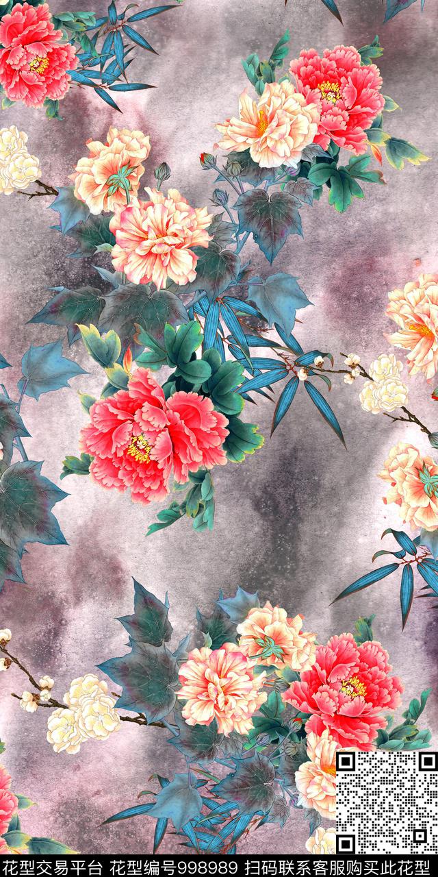 数码华亿平台牡丹工笔花卉数码印花华亿平台下载（图片编号: 998989） - 瓦栏（Walan）