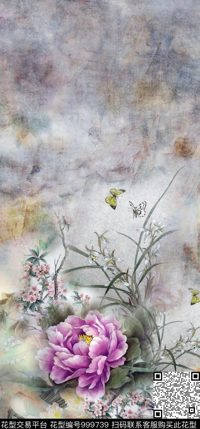 牡丹国画中国风数码印花华亿平台下载（图片编号: 999739） - 瓦栏（Walan）
