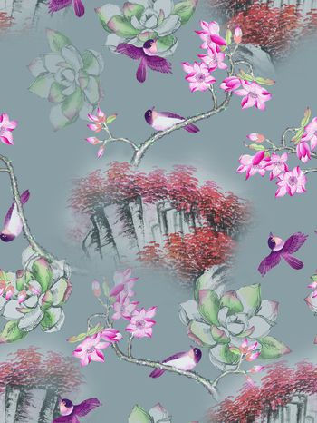 1006947-2018春夏款花鸟山石图深底