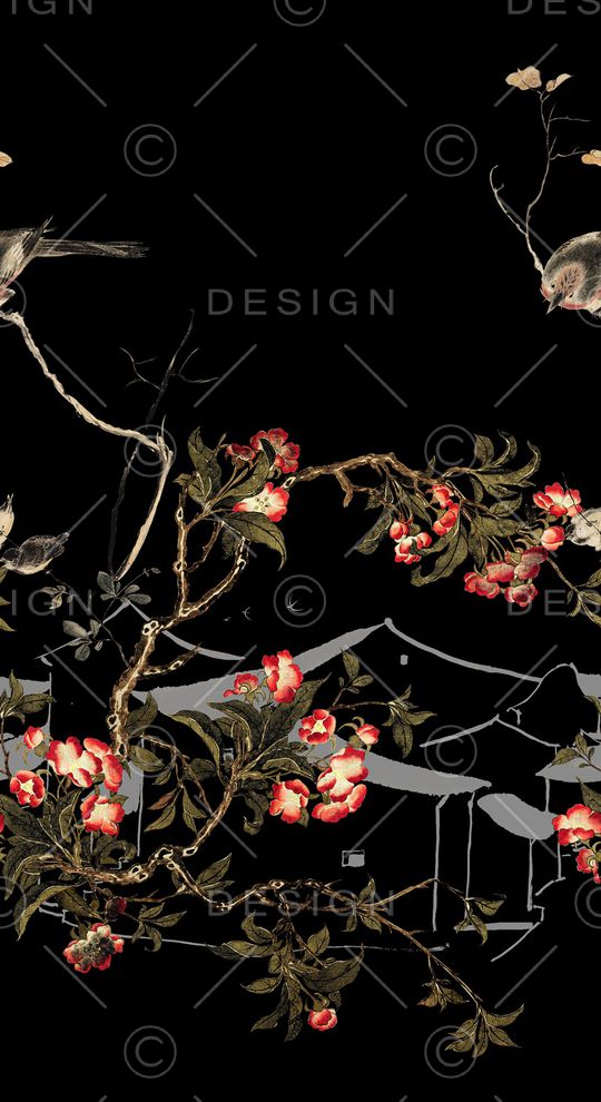 黑底花卉印花华亿平台图片