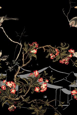 黑底花卉印花华亿平台图片