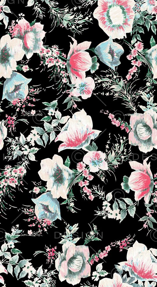 黑底花卉印花华亿平台图片