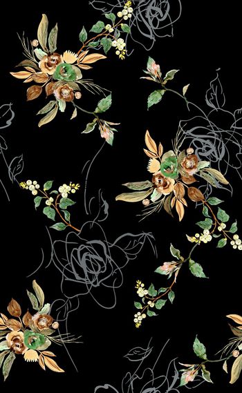 黑底花卉印花华亿平台图片