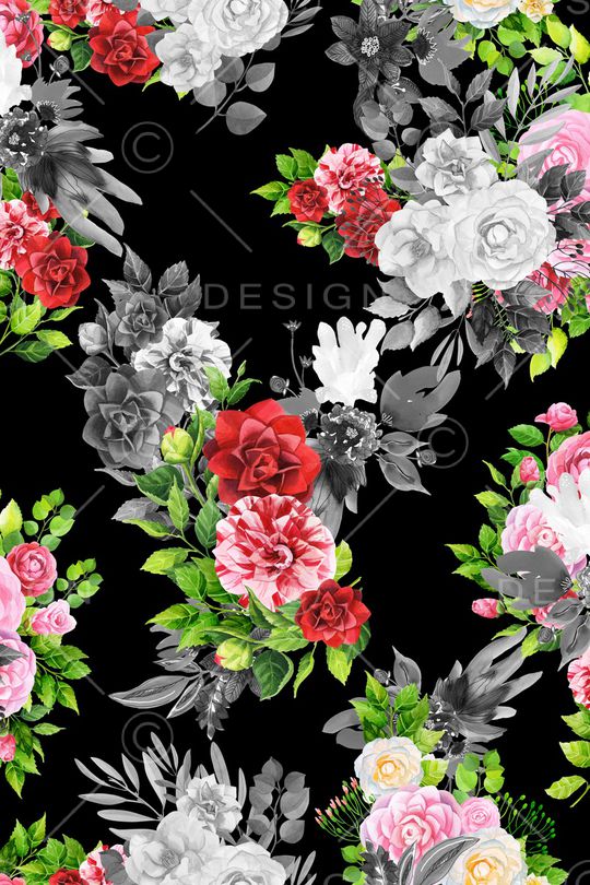 黑底花卉印花华亿平台图片