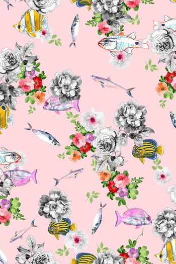 1026117-彩色底黑白花卉鱼