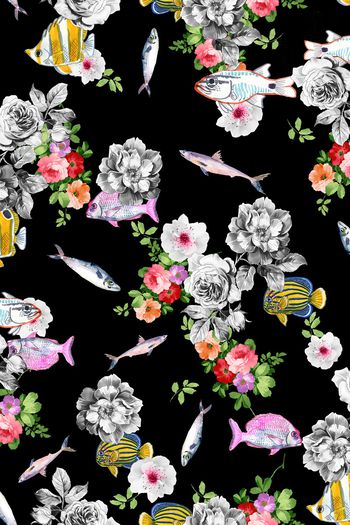 1026118-黑色底黑白花卉鱼
