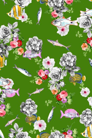 1026119-绿色底黑白花卉鱼