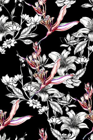 黑底花卉印花华亿平台图片