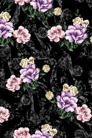 黑底花卉印花华亿平台图片