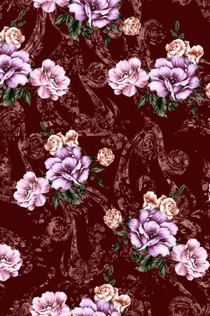 黑底花卉印花华亿平台图片