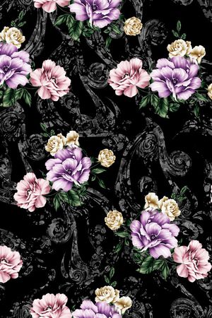 黑底花卉印花华亿平台图片