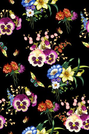 黑底花卉印花华亿平台图片