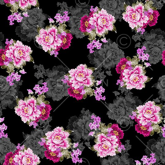 黑底花卉印花华亿平台图片