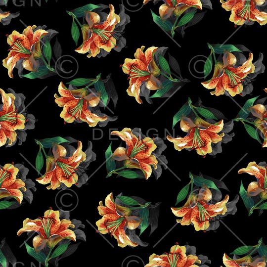 黑底花卉印花华亿平台图片