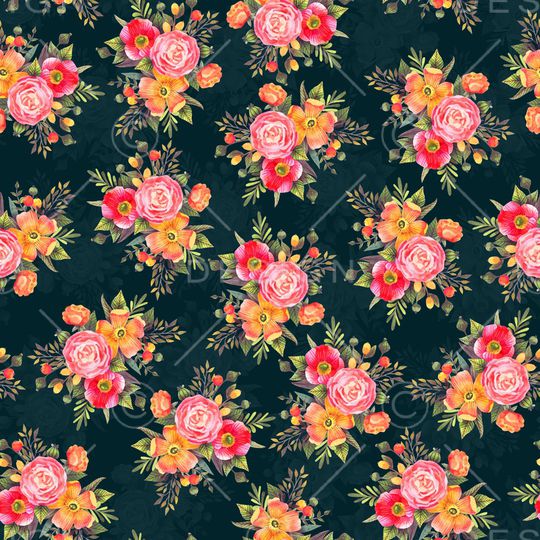 黑底花卉印花华亿平台图片