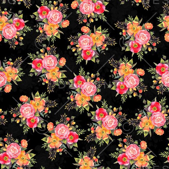 黑底花卉印花华亿平台图片