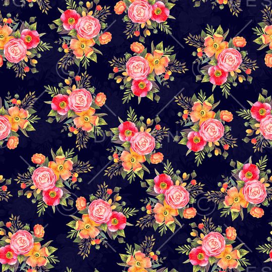 黑底花卉印花华亿平台图片