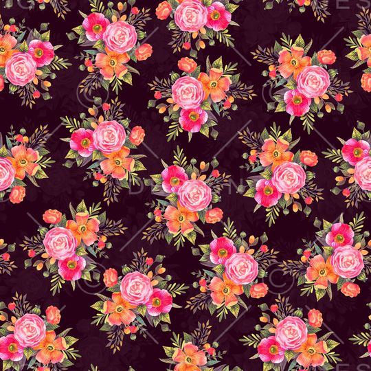 黑底花卉印花华亿平台图片