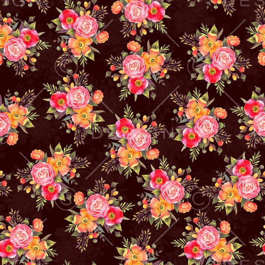 黑底花卉印花华亿平台图片