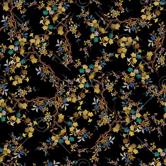 黑底花卉印花华亿平台图片