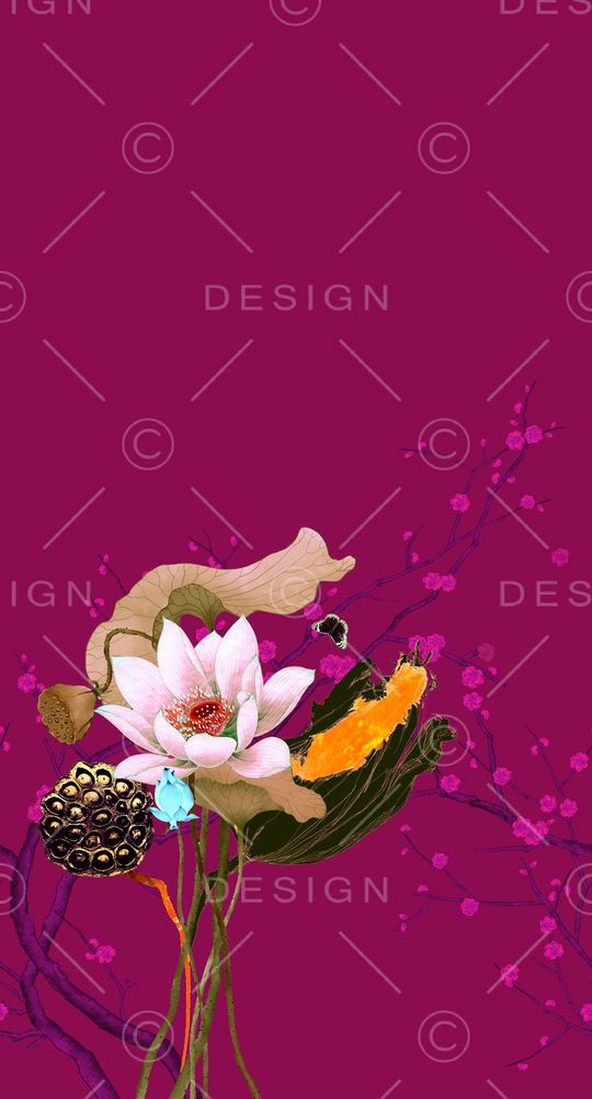 手绘荷花印花华亿平台图片