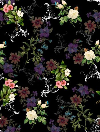 黑底花卉印花华亿平台图片