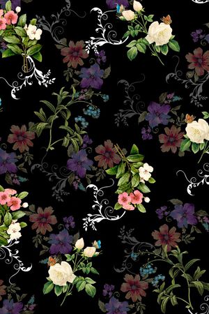 黑底花卉印花华亿平台图片