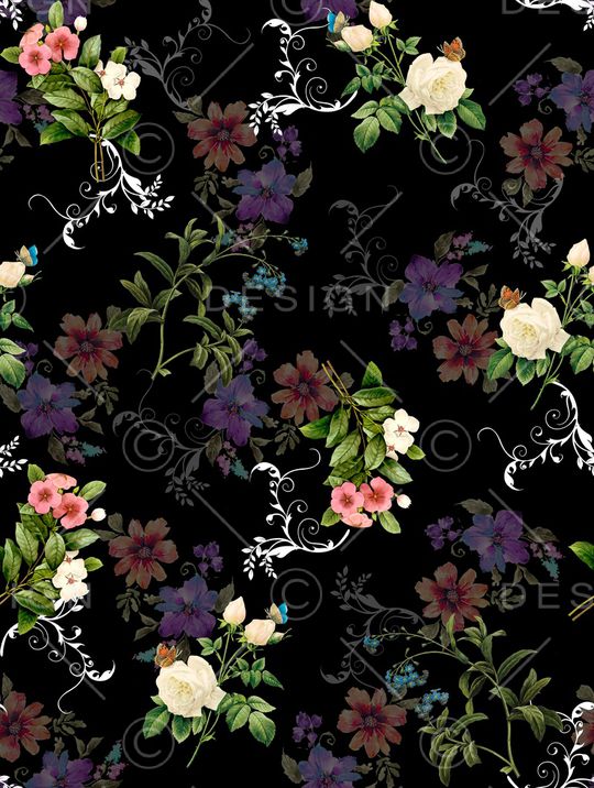 黑底花卉印花华亿平台图片