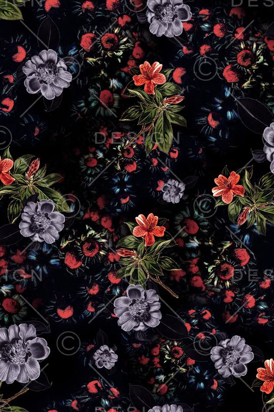 黑底花卉印花华亿平台图片