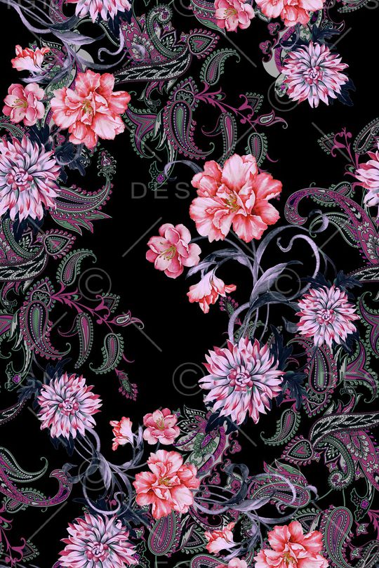 黑底花卉印花华亿平台图片