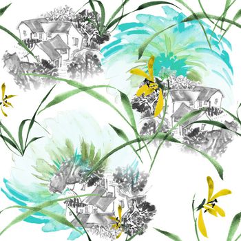 1101732-大花托底水墨房舍翠叶小花