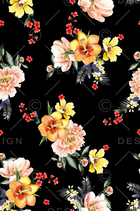 黑底花卉印花华亿平台图片