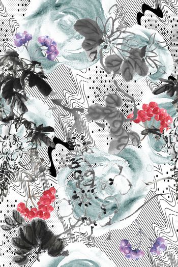 1105300-抽象线条底纹水墨花彩色果实