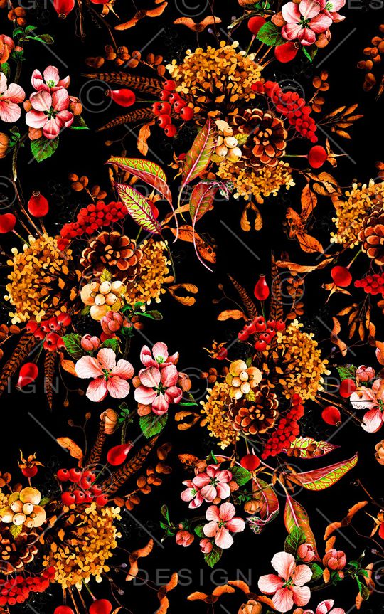 黑底花卉印花华亿平台图片