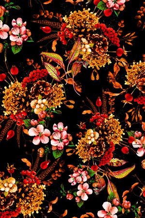 黑底花卉印花华亿平台图片