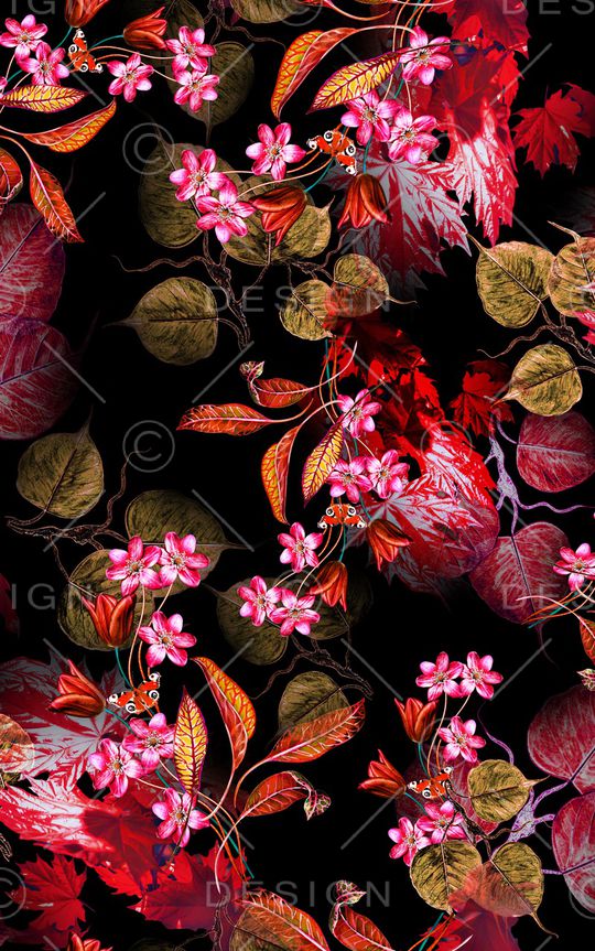 黑底花卉印花华亿平台图片