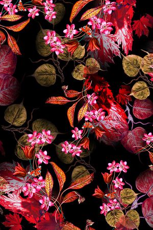 黑底花卉印花华亿平台图片