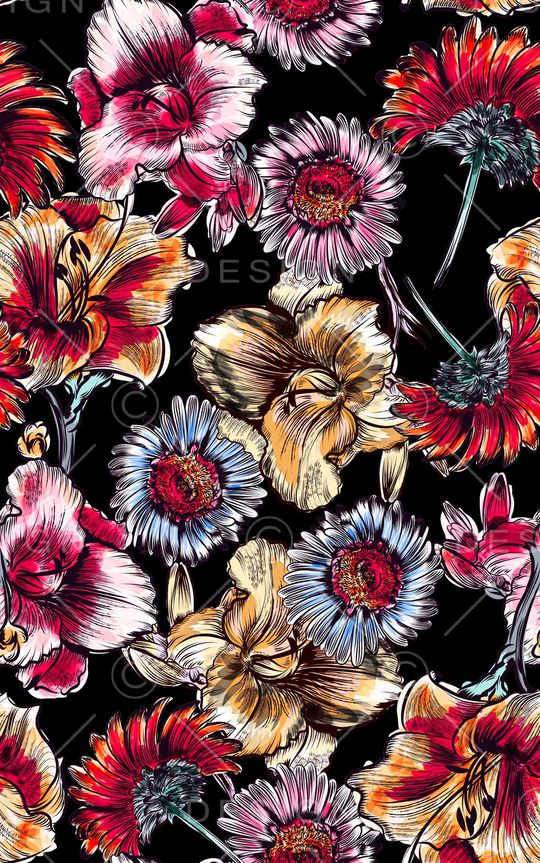 黑底花卉印花华亿平台图片