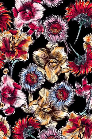 黑底花卉印花华亿平台图片