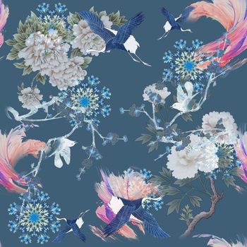 1141545-中国风花鸟抽象花轮水彩笔触