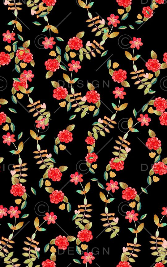 黑底花卉印花华亿平台图片