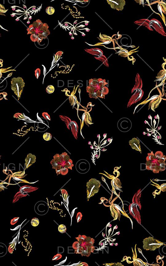 黑底花卉印花华亿平台图片