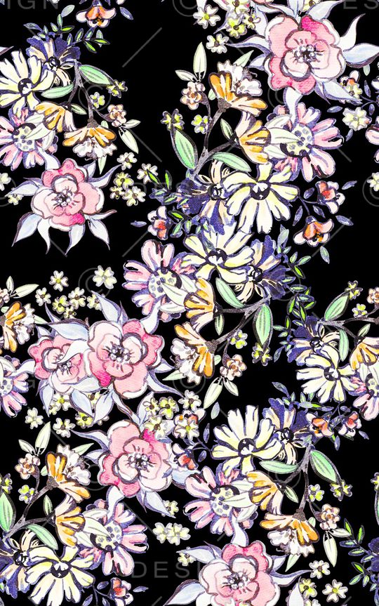 黑底花卉印花华亿平台图片
