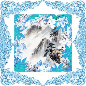 1173987-欧式中国山水混搭方巾-1