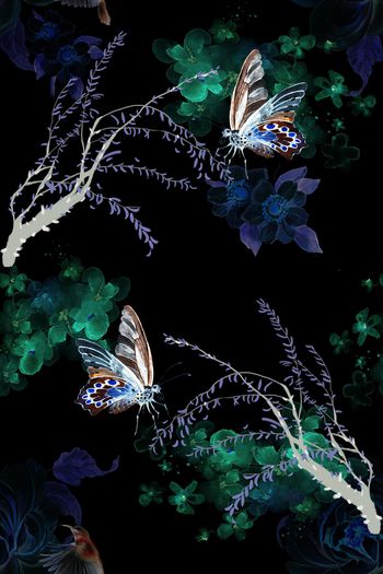 1183442-柳树大花蝴蝶小鸟抽象碎花团-1