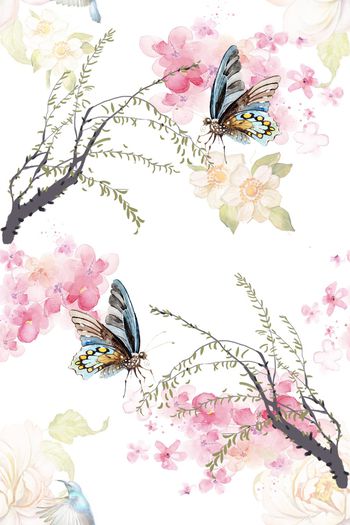 1183445-柳树大花蝴蝶小鸟抽象碎花团